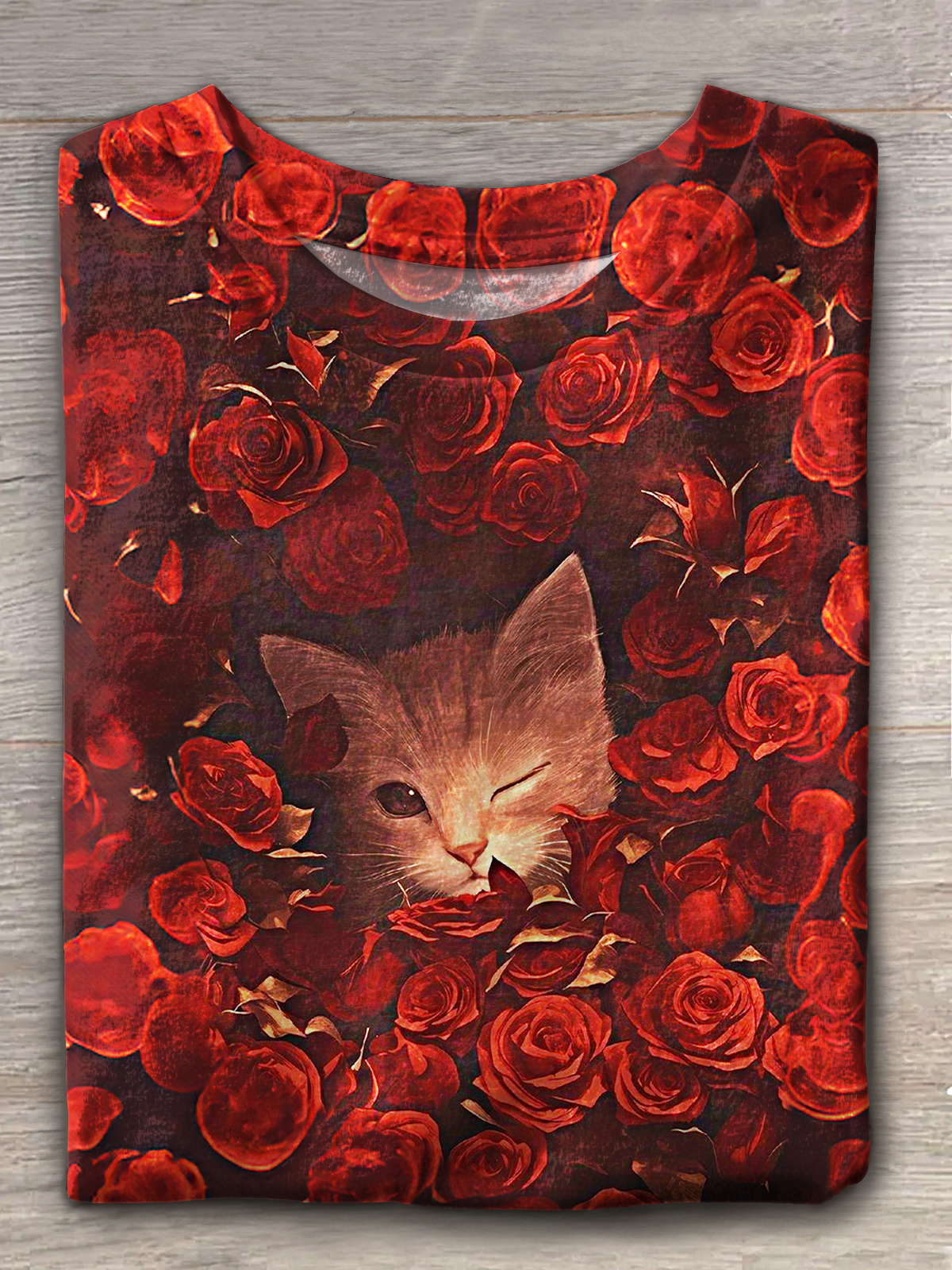 Women’s Valentine’s Day Rose Kitten Print Crew Neck T-shirt Mixed Color / S Saint Valentin