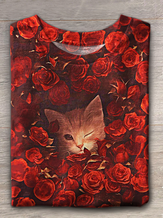 Women’s Valentine’s Day Rose Kitten Print Crew Neck T-shirt Mixed Color / S Saint Valentin