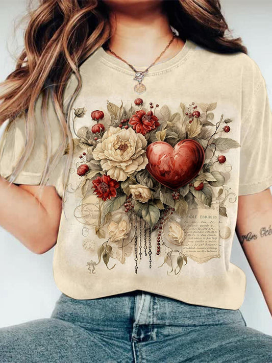 Vintage Valentine’s Day Floral Heart Print Crew Neck T-shirt As Picture / S Saint Valentin