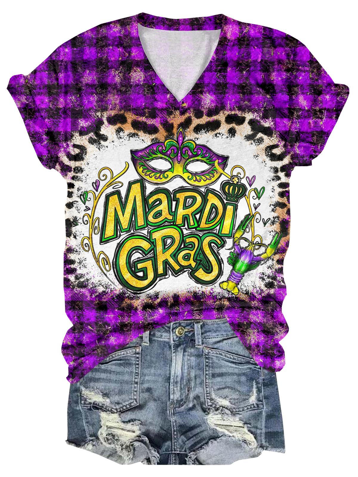 Women’s Mardi Gras Print V-Neck Short Sleeve T-Shirt Purple / S Mardi Gras