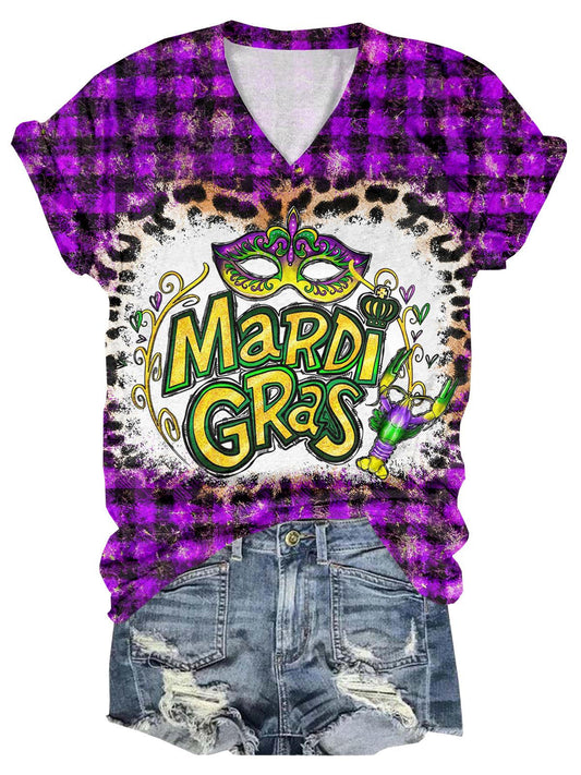 Women’s Mardi Gras Print V-Neck Short Sleeve T-Shirt Purple / S Mardi Gras