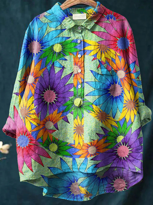 Chemise décontractée en coton confortable à manches longues et imprimé floral Boho rétro