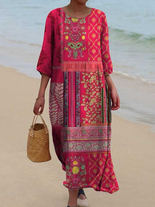 Rétro Floral Art Imprimé Col Rond Vintage Lâche Manches Longues Midi Robe A / S