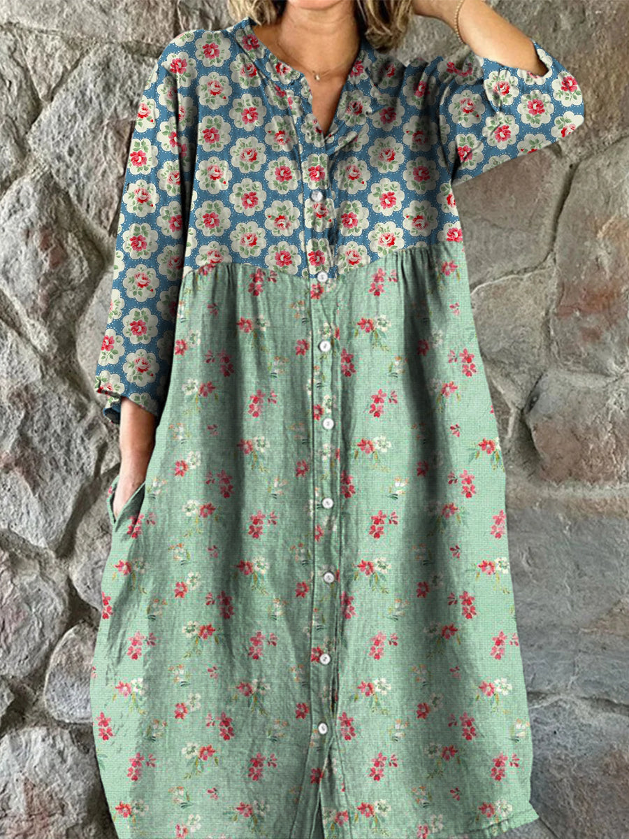 Rétro Floral Art Print Vintage Chic col en V boutonné à manches longues Midi Dress A / S Robes