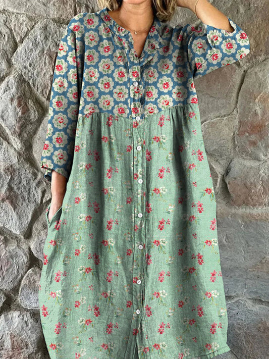 Rétro Floral Art Print Vintage Chic col en V boutonné à manches longues Midi Dress A / S Robes