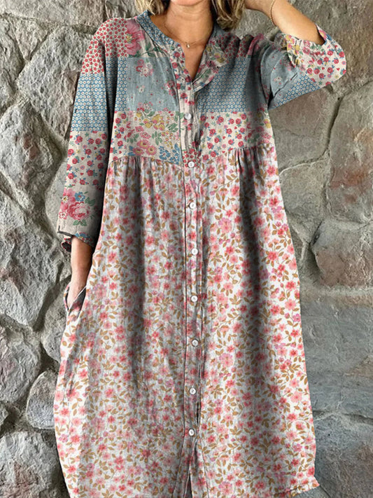 Rétro Floral Art Print Vintage Chic col en V boutonné à manches longues Midi Dress A / S