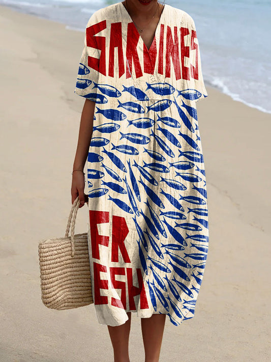 Rétro poisson imprimé v-cou élégant chic lâche à manches courtes robe midi A / S Robes