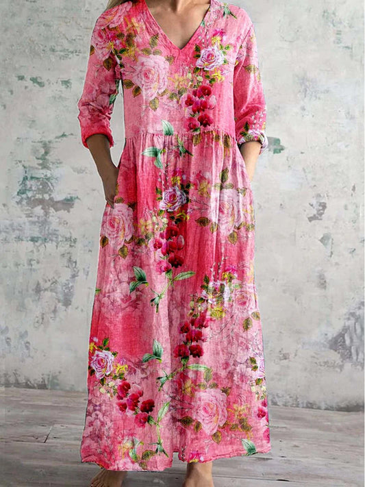 Vintage Floral Art Print Chic V cou trois quarts manches élégante robe Midi A / S Robes