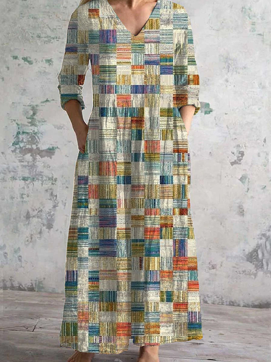 Vintage Art Print Chic col en V manches trois-quarts élégante robe midi A / S Robes