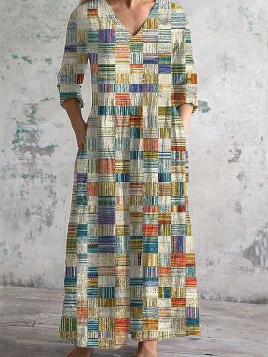 Vintage Art Print Chic col en V manches trois-quarts élégante robe midi A / S Robes