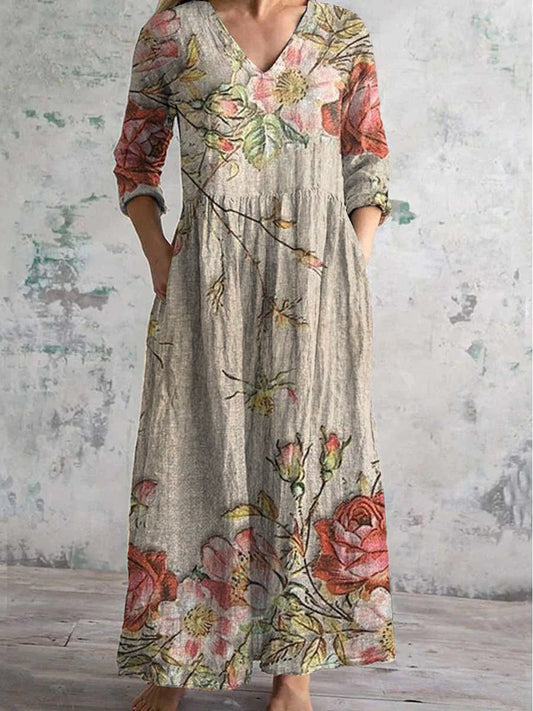 Vintage Floral Art Print Chic col en V à manches trois-quarts élégante robe Midi A / S Robes