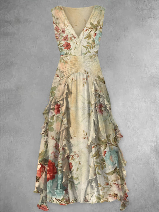 Rétro Boho Floral Imprimé V-cou élégant Chic en mousseline de soie sans manches Maxi Dress A / S