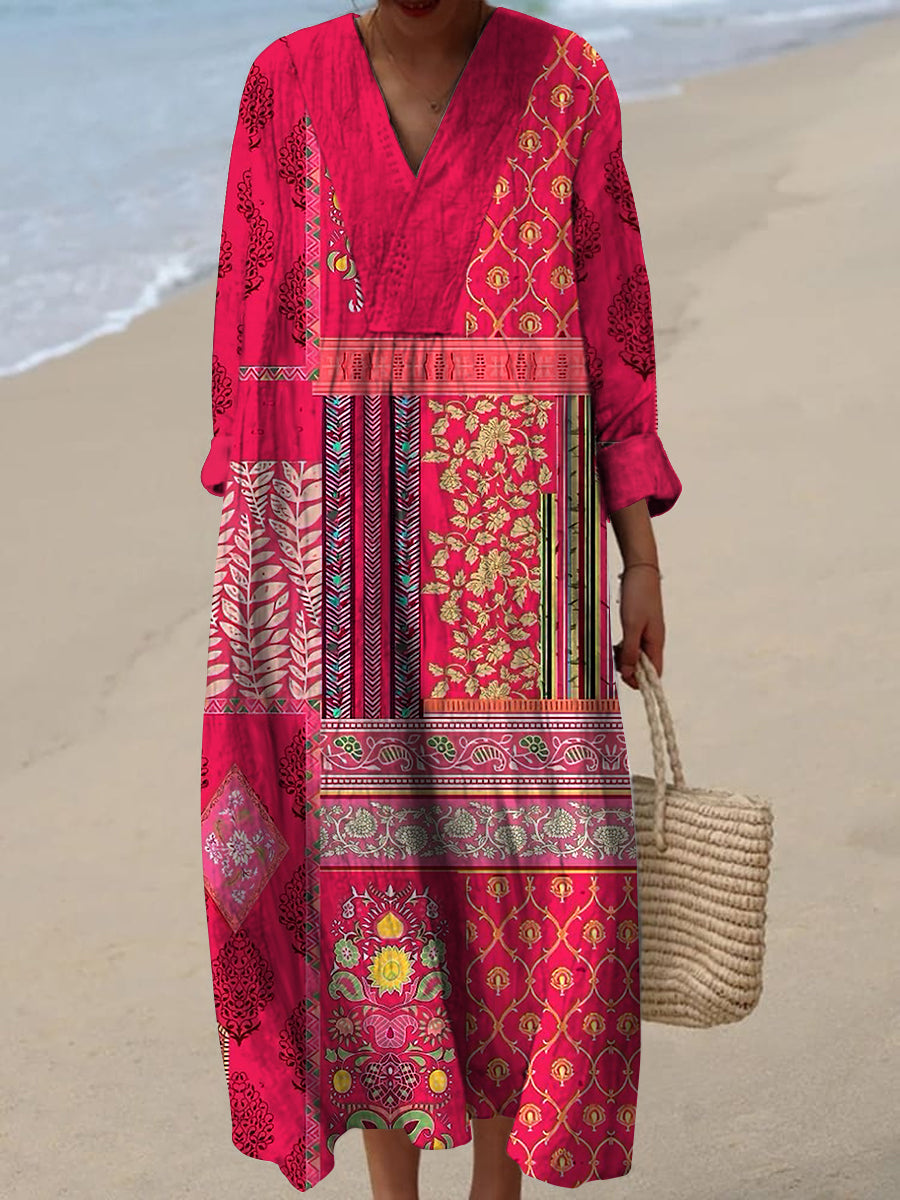 Rétro Boho Floral Art Imprimé Col En V Vintage Chic Loose Manches Longues Midi Robe A / S Robes