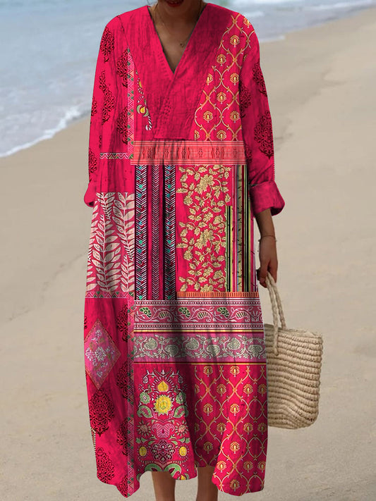 Rétro Boho Floral Art Imprimé Col En V Vintage Chic Loose Manches Longues Midi Robe A / S Robes