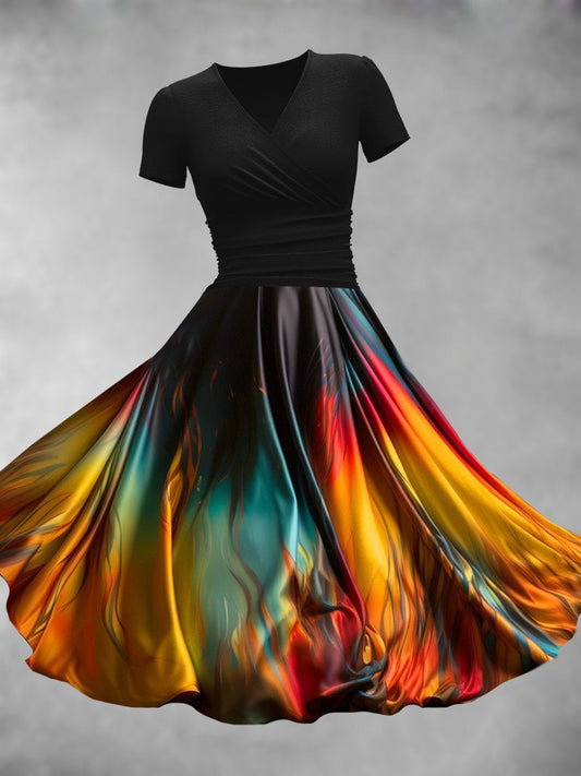 Motif de soie arc-en-ciel imprimé col en V à manches courtes robe de mode Midi A / S Robes