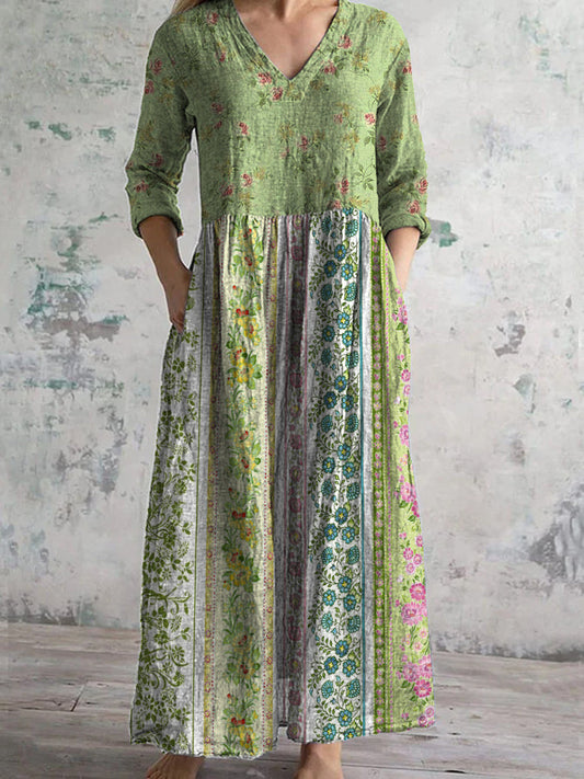 Rétro Boho Floral Art Imprimé col en V Vintage Casual manches longues Midi Dress A / S Robes