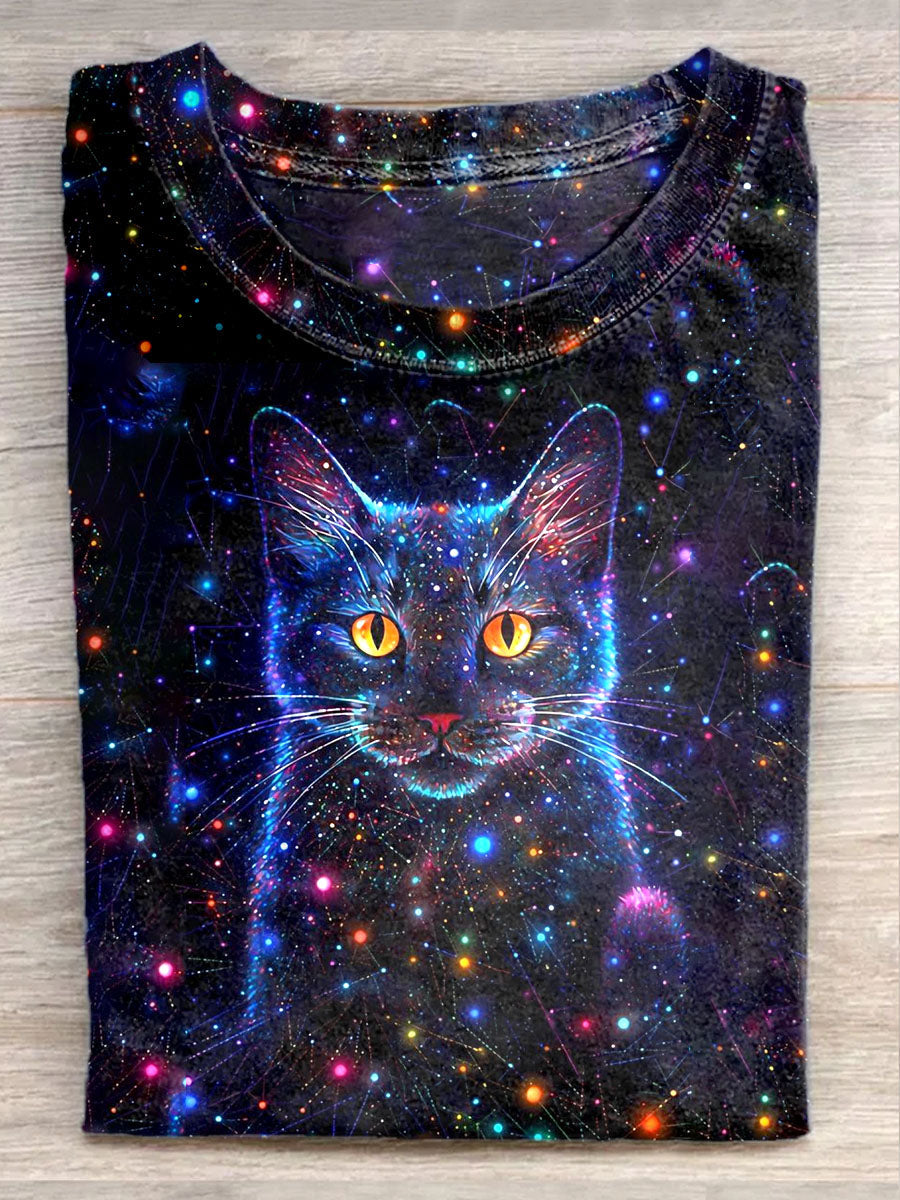 T-shirt décontracté imprimé unisexe fantaisie ciel étoilé chat Art Illustration comme image / S T-shirt