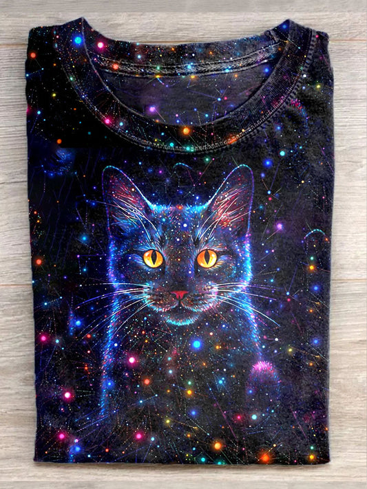 T-shirt décontracté imprimé unisexe fantaisie ciel étoilé chat Art Illustration comme image / S T-shirt