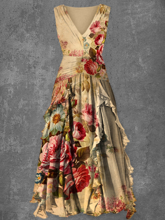 Rétro Glam Floral Art Imprimé Vintage V-cou élégant Chic sans manches Maxi Dress A / S Robes