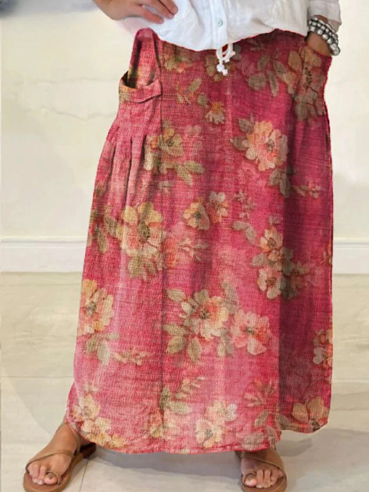 Jupe à poches à imprimé floral vintage pour femmes Jupe
