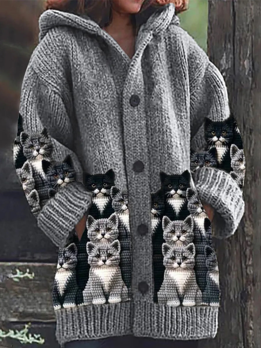 Rétro mignon Pet Print Button Up épais chandail à capuchon à manches longues Cardigan A / S Veste