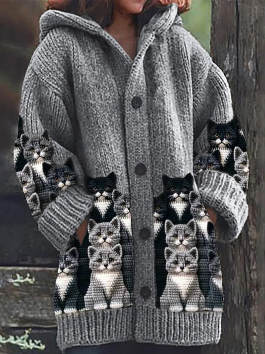 Rétro mignon Pet Print Button Up épais chandail à capuchon à manches longues Cardigan A / S Veste