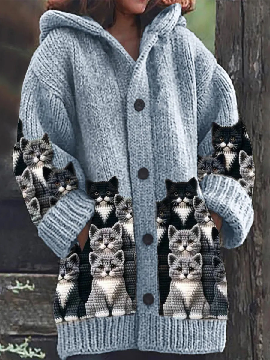 Rétro mignon Pet Print Button Up épais chandail à capuchon à manches longues Cardigan C / S Veste