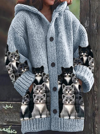 Rétro mignon Pet Print Button Up épais chandail à capuchon à manches longues Cardigan C / S Veste