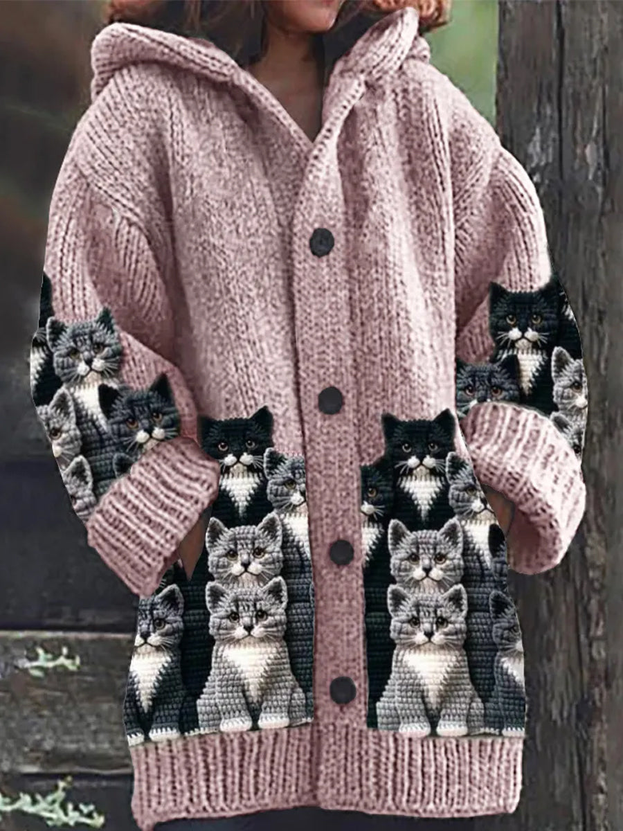 Rétro mignon Pet Print Button Up épais chandail à capuchon à manches longues Cardigan B / S Veste