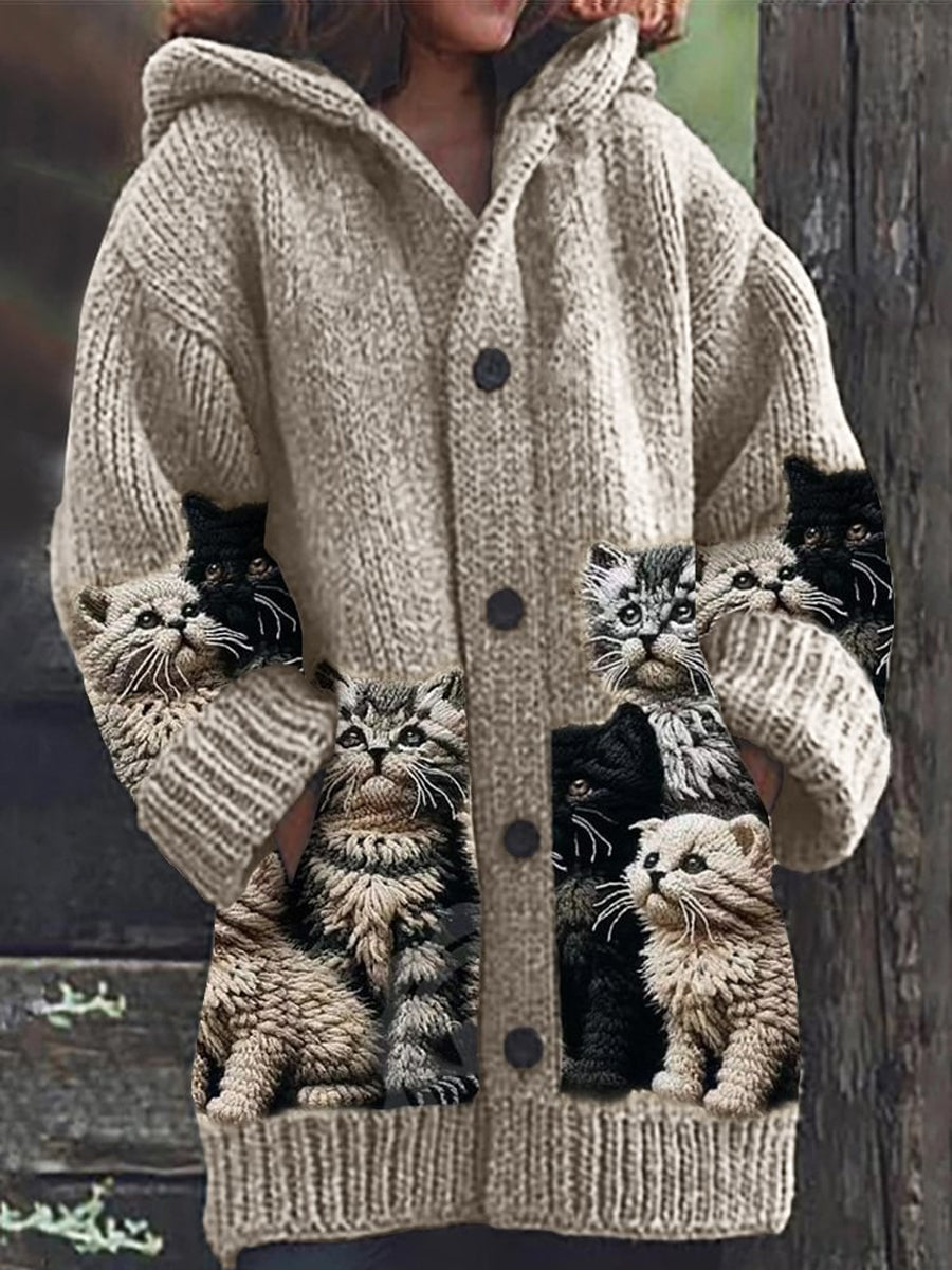 Rétro mignon Pet Print Button Up épais chandail à capuchon à manches longues Cardigan A / S Veste