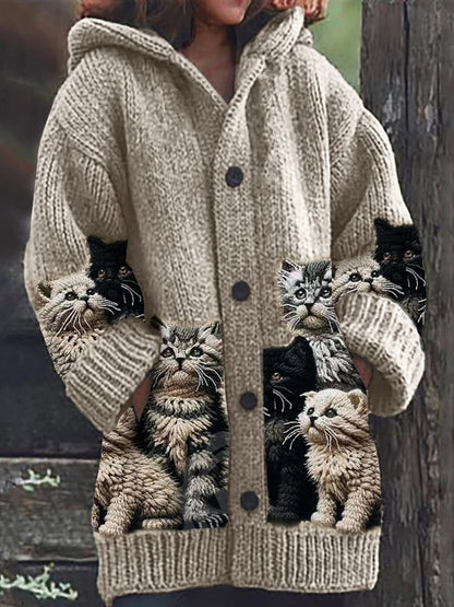 Rétro mignon Pet Print Button Up épais chandail à capuchon à manches longues Cardigan A / S Veste