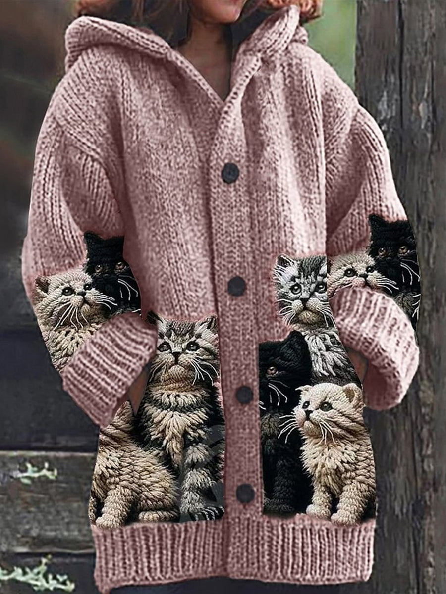 Rétro mignon Pet Print Button Up épais chandail à capuchon à manches longues Cardigan B / S Veste