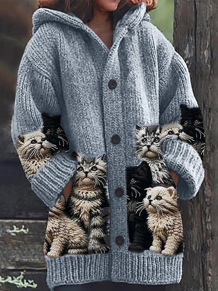 Rétro mignon Pet Print Button Up épais chandail à capuchon à manches longues Cardigan C / S Veste