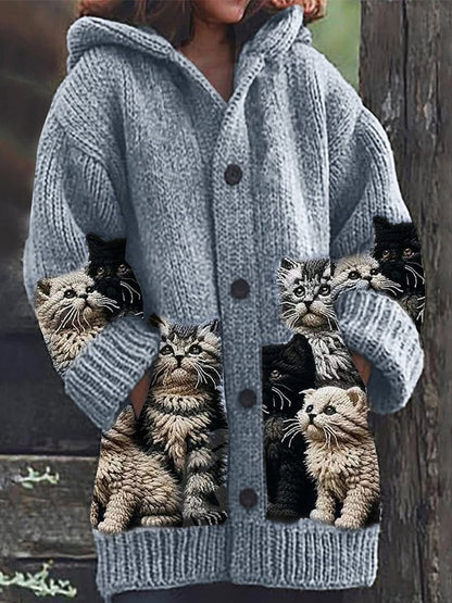 Rétro mignon Pet Print Button Up épais chandail à capuchon à manches longues Cardigan C / S Veste