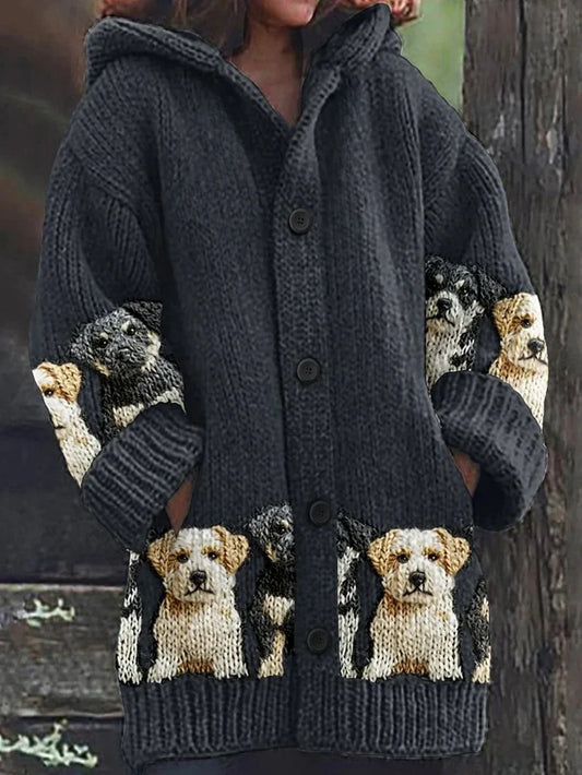 Rétro mignon Pet Print Button Up épais chandail à capuchon à manches longues Cardigan A / S Veste