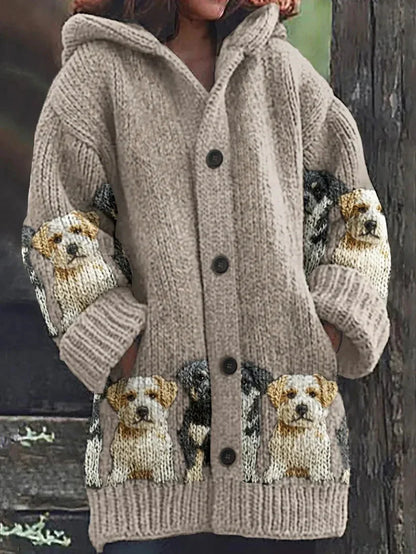 Rétro mignon Pet Print Button Up épais chandail à capuchon à manches longues Cardigan C / S Veste