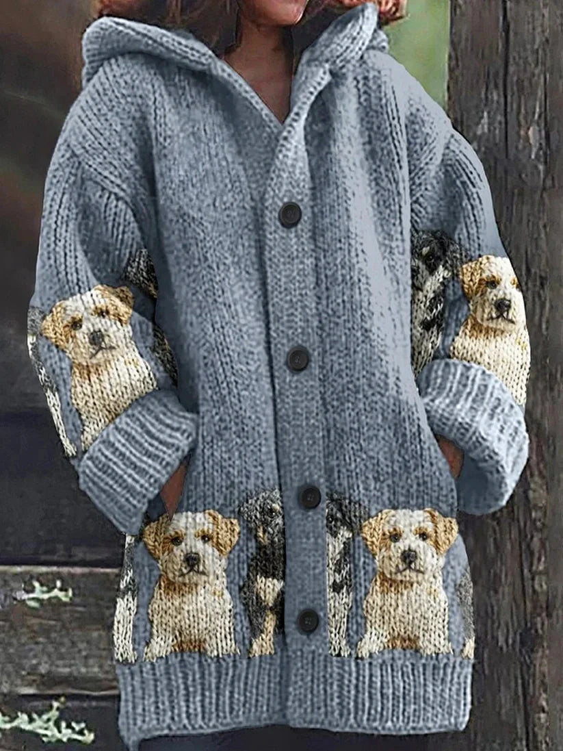 Rétro mignon Pet Print Button Up épais chandail à capuchon à manches longues Cardigan B / S Veste
