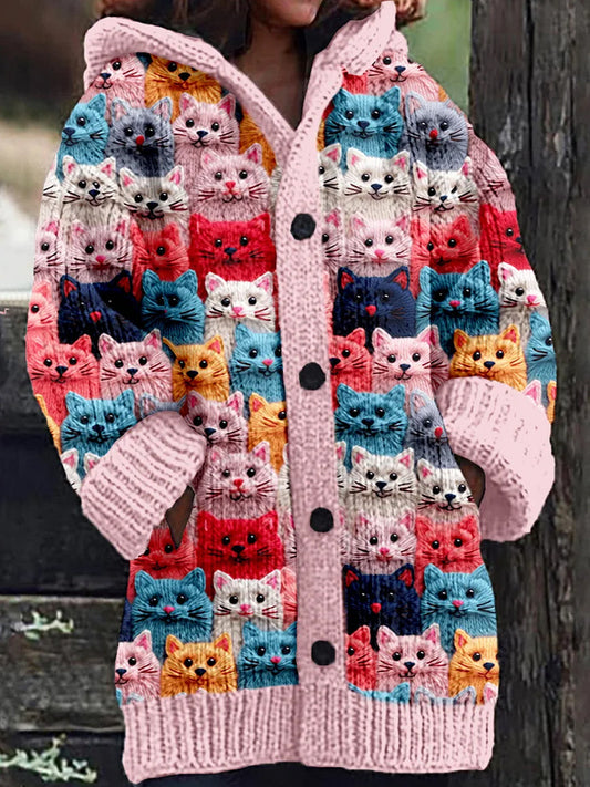 Rétro mignon Pet Print Button Up épais chandail à capuchon à manches longues Cardigan A / S Veste