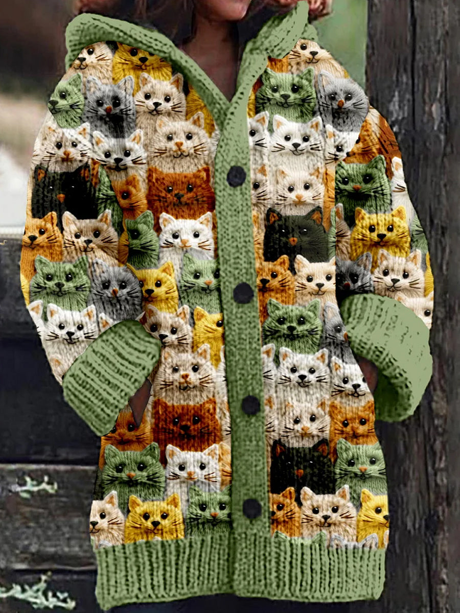Rétro mignon Pet Print Button Up épais chandail à capuchon à manches longues Cardigan C / S Veste