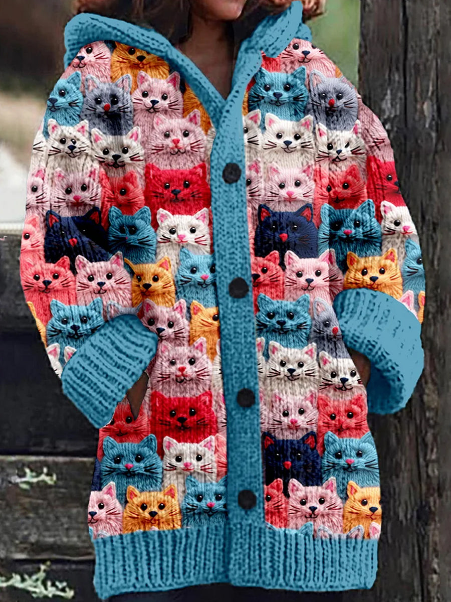 Rétro mignon Pet Print Button Up épais chandail à capuchon à manches longues Cardigan B / S Veste