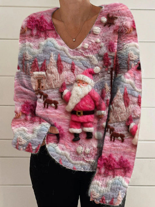 Élégant Retro Floral Print Vintage Chic col en V à manches longues Pull en tricot épais A / S Pull