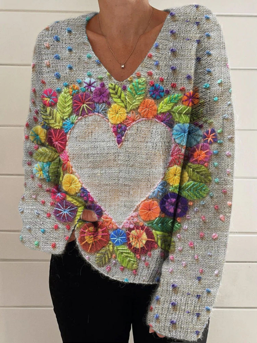 Élégant Retro Floral Print Vintage Chic col en V à manches longues Pull en tricot épais A / S Pull