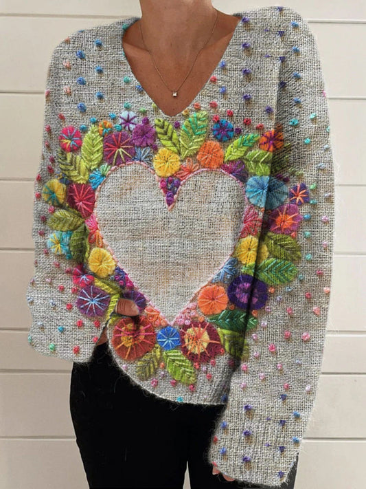 Élégant Retro Floral Print Vintage Chic col en V à manches longues Pull en tricot épais A / S Pull