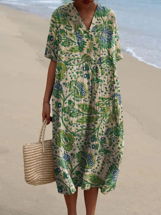 Élégante et chic ample robe mi-longue à manches courtes avec col en V imprimé floral vintage A / S Robes