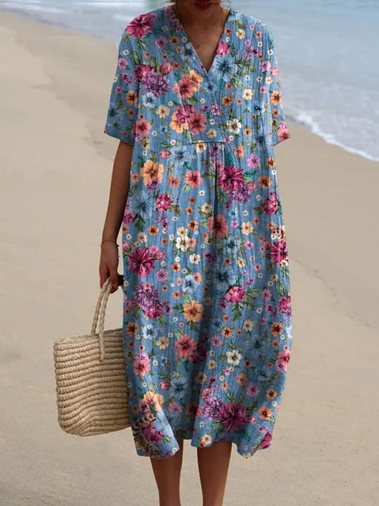 Élégante et chic ample robe mi-longue à manches courtes avec col en V imprimé floral vintage A / S Robes