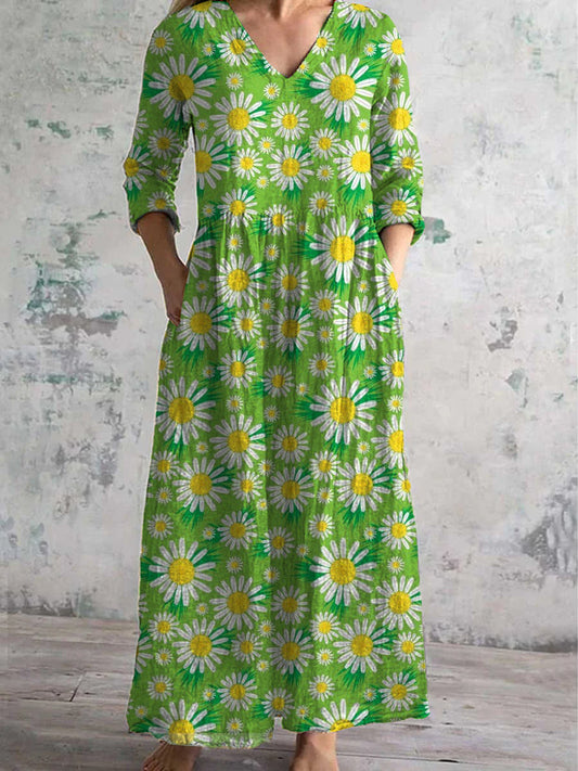 Vintage Floral Art Imprimé Chic V-cou trois-quarts manches robe élégante Midi A / S Robes