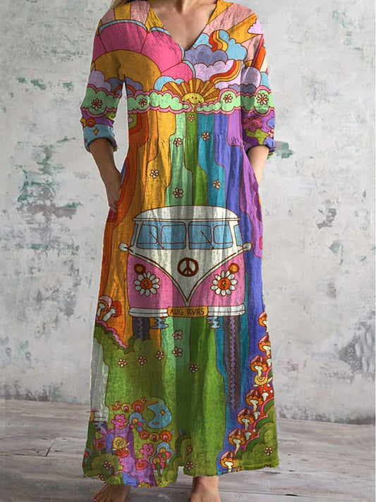 Vintage Hippie Art Print Chic col V trois quarts manches élégante robe Midi A / S Robes