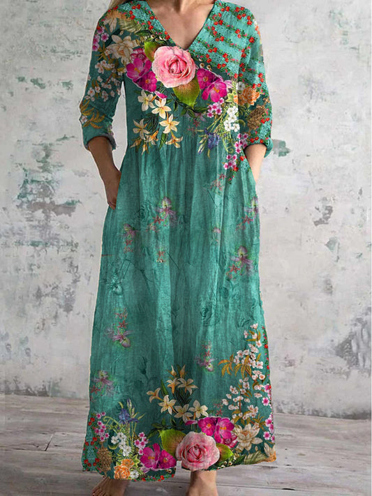 Vintage Floral Art Imprimé Chic V-cou trois-quarts manches robe élégante Midi A / S Robes