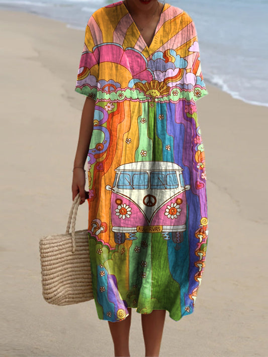 Vintage Hippie Imprimer col V élégant et chic lâche manches courtes robe Midi A / S Robes