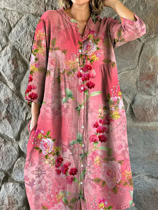 Rétro Floral Art Print Chic Trois-quarts manches col rond robe élégante Midi A / S Robes